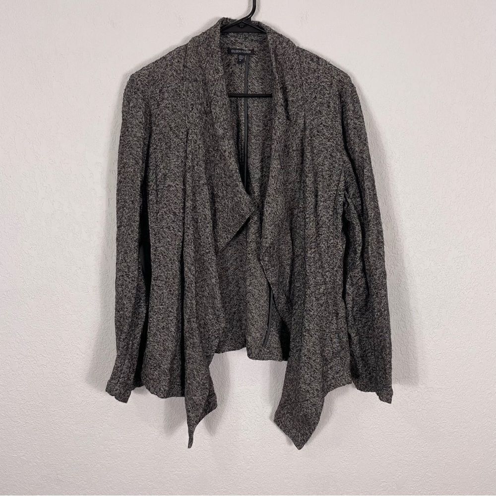 Eileen Fisher Heathered Grey and Black Drape Front Cardigan Sweater Size Medium